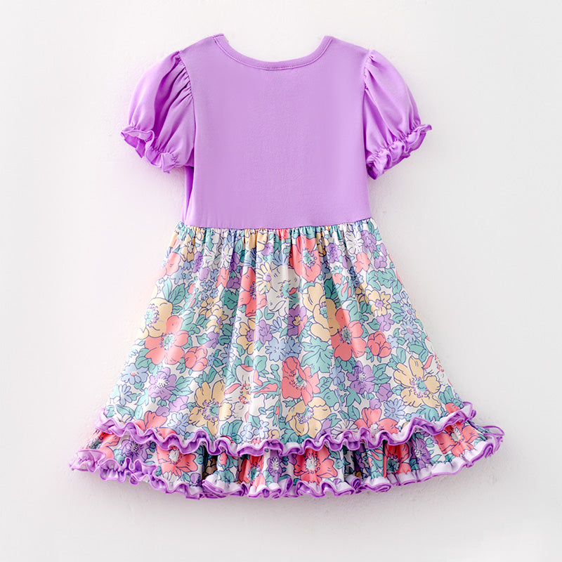 (In Stock)Girls Spring and Summer Lavender Floral Print Dress