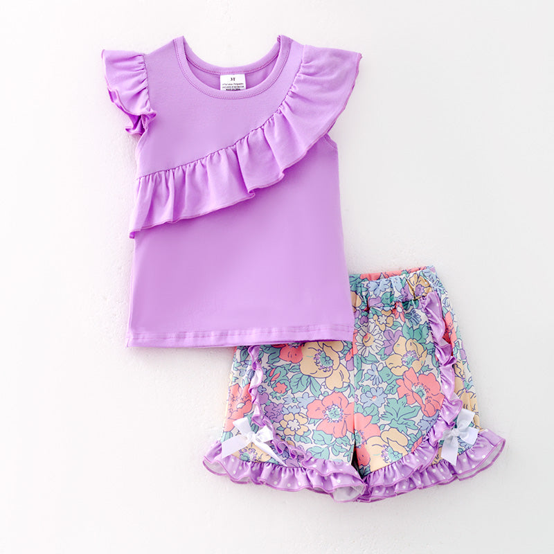(In Stock)Girls Spring and Summer Lavender Floral Print Shorts Set