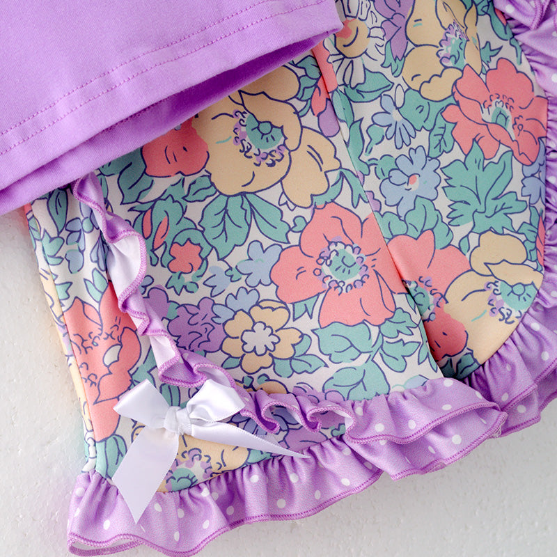 (In Stock)Girls Spring and Summer Lavender Floral Print Shorts Set