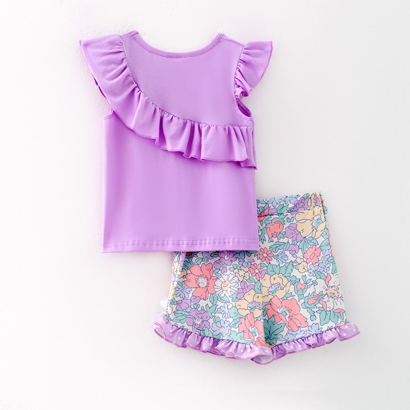 (In Stock)Girls Spring and Summer Lavender Floral Print Shorts Set