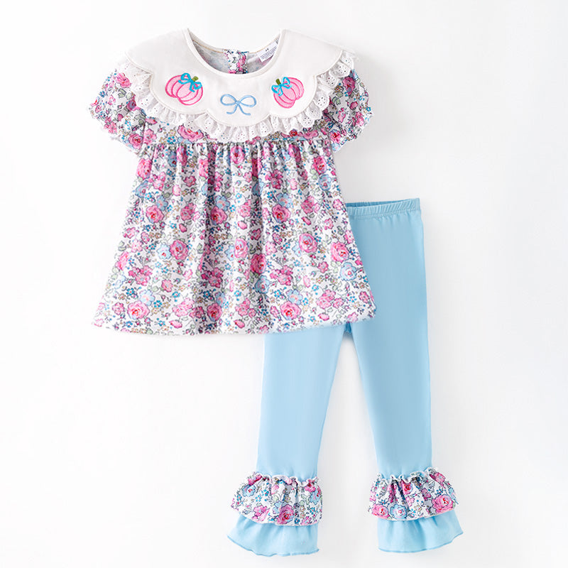 (In Stock)Girls Halloween&Thanksgiving Pumpkin Embroidery Ruffle Outfit Set