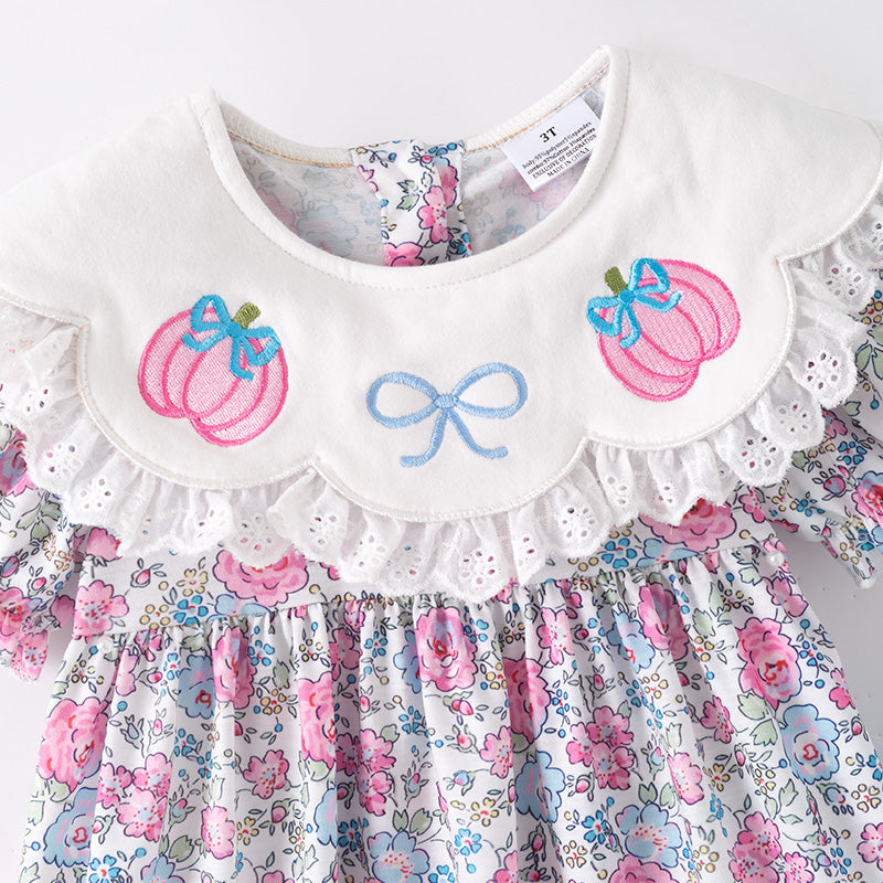 (In Stock)Girls Halloween&Thanksgiving Pumpkin Embroidery Ruffle Outfit Set