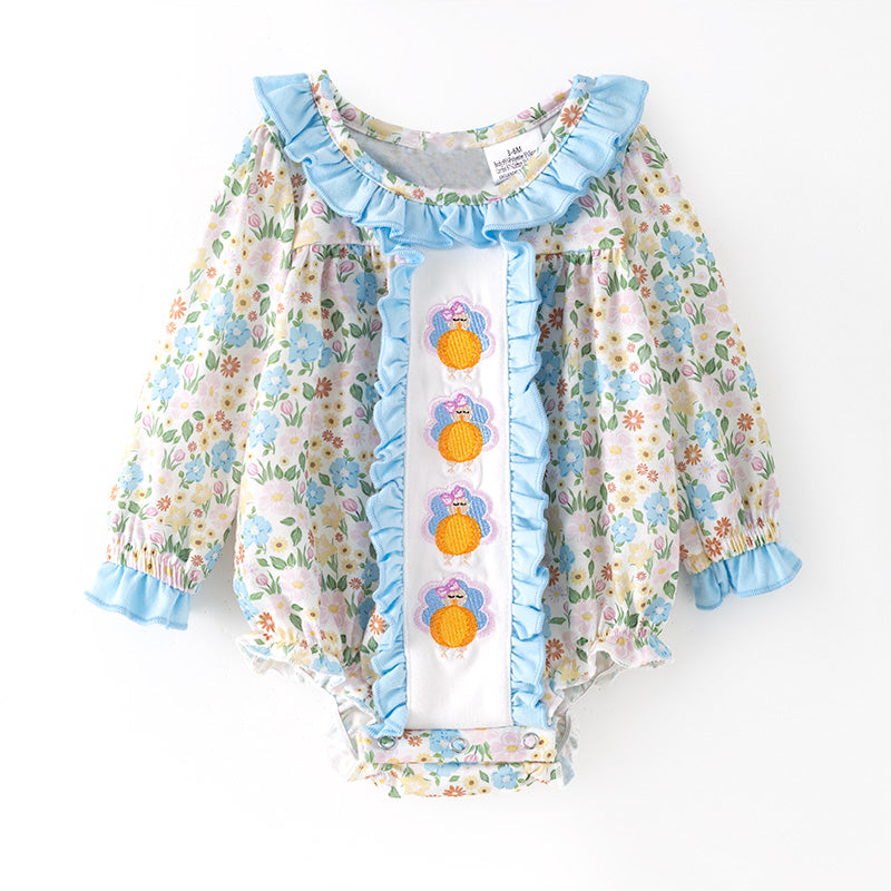 (Restock)Toddler Girls Thanksgiving Turkey Embroidery Ruffle Romper