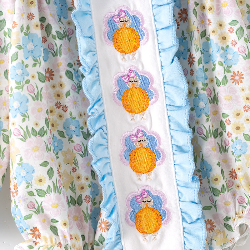 (Restock)Toddler Girls Thanksgiving Turkey Embroidery Ruffle Romper