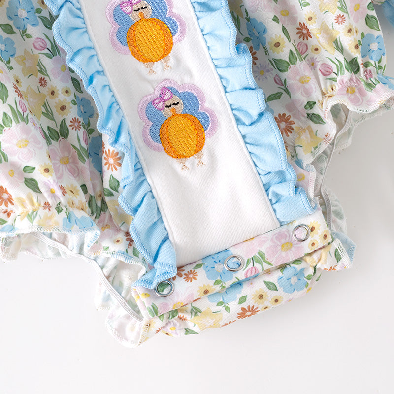 (Restock)Toddler Girls Thanksgiving Turkey Embroidery Ruffle Romper