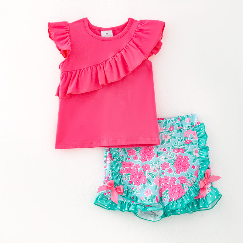 (In Stock)Girls Spring and Summer Melon Floral Print Shorts Set
