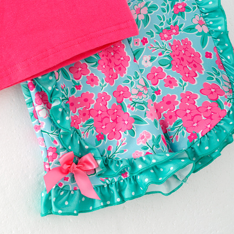 (In Stock)Girls Spring and Summer Melon Floral Print Shorts Set