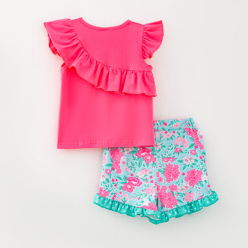 (In Stock)Girls Spring and Summer Melon Floral Print Shorts Set
