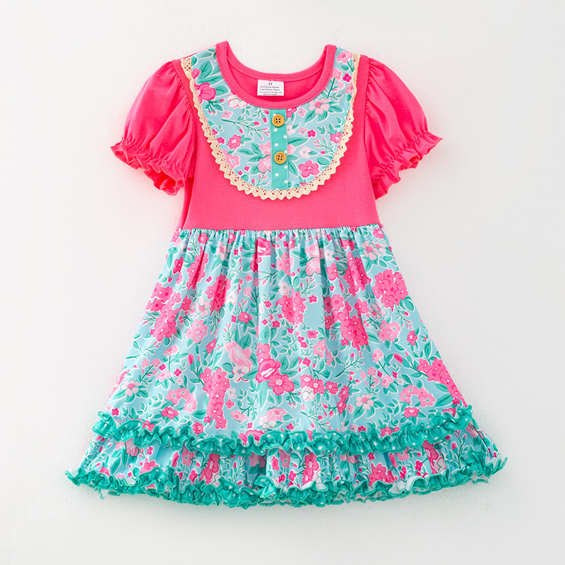 (In Stock)Girls Spring and Summer Melon Floral Print Dress