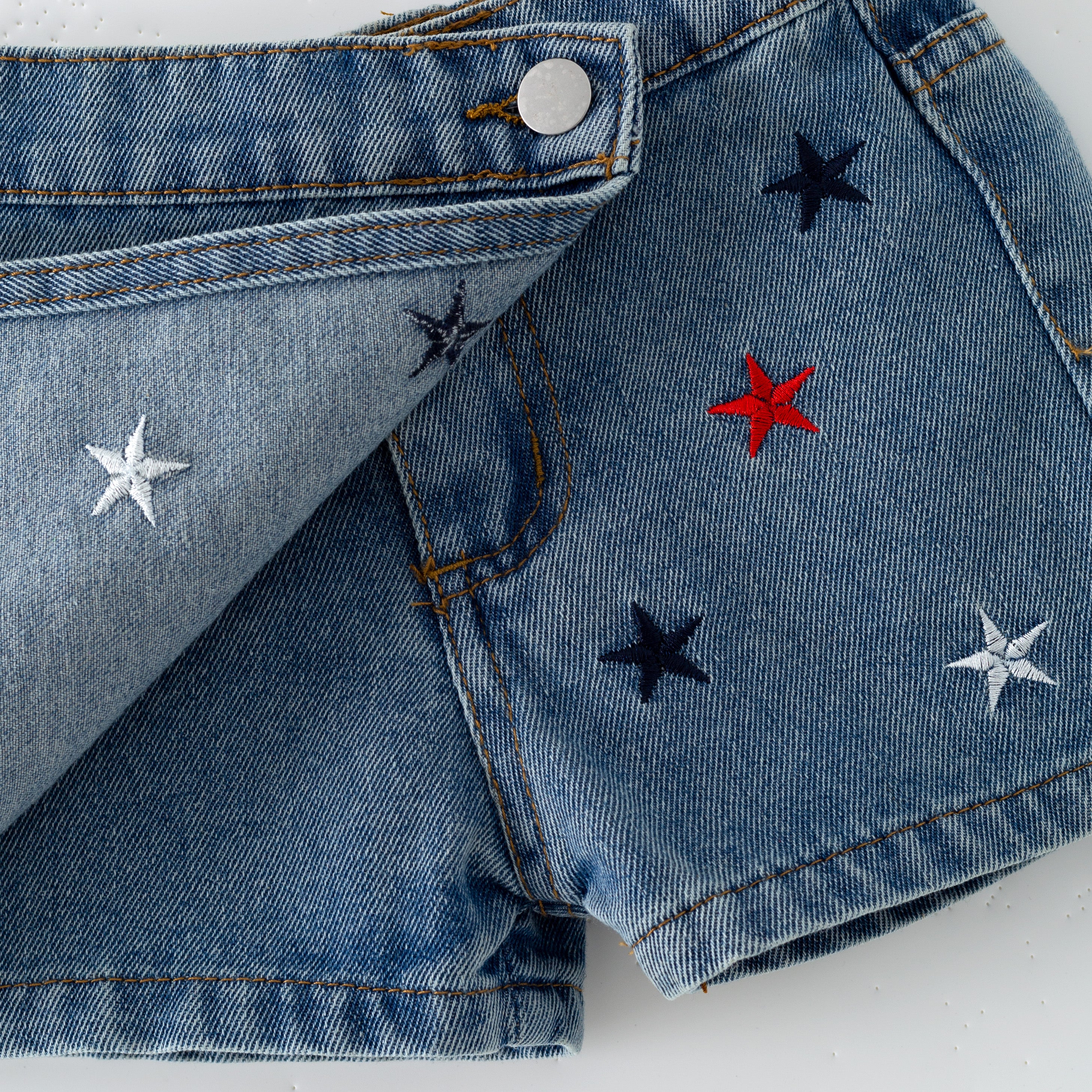 (In Stock)Girls Patriotic Star Embroidery Denim Skort