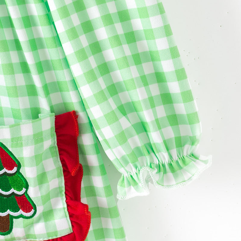 (In Stock)Girls Christmas Tree Embroidery Dress with Pockets