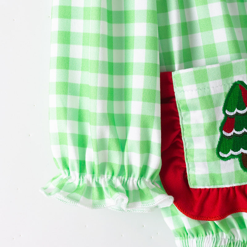 (In Stock)Toddler Girls Christmas Tree Embroidery Romper with Pockets