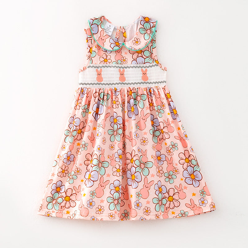 (In Stock)Girls Easter Bunny Embroidery Smocked Dress