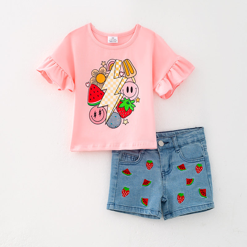 (In Stock)Girls Spring and Summer Strawberry Print Denim Set