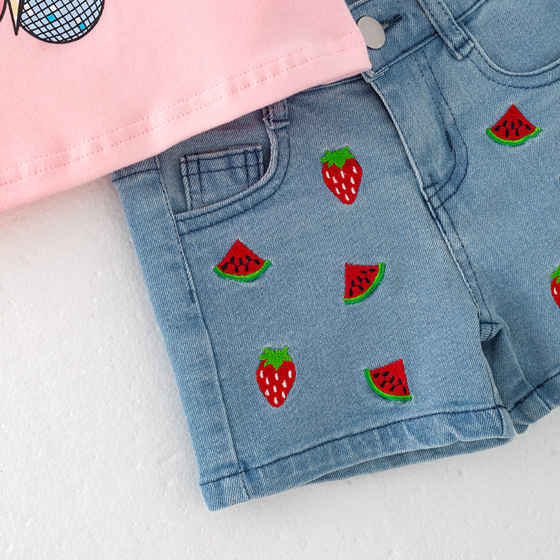 (In Stock)Girls Spring and Summer Strawberry Print Denim Set