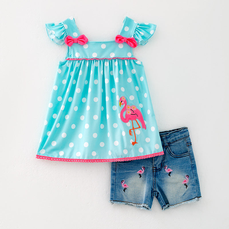 (In Stock)Girls Spring and Summer Flamingo Applique Denim Set