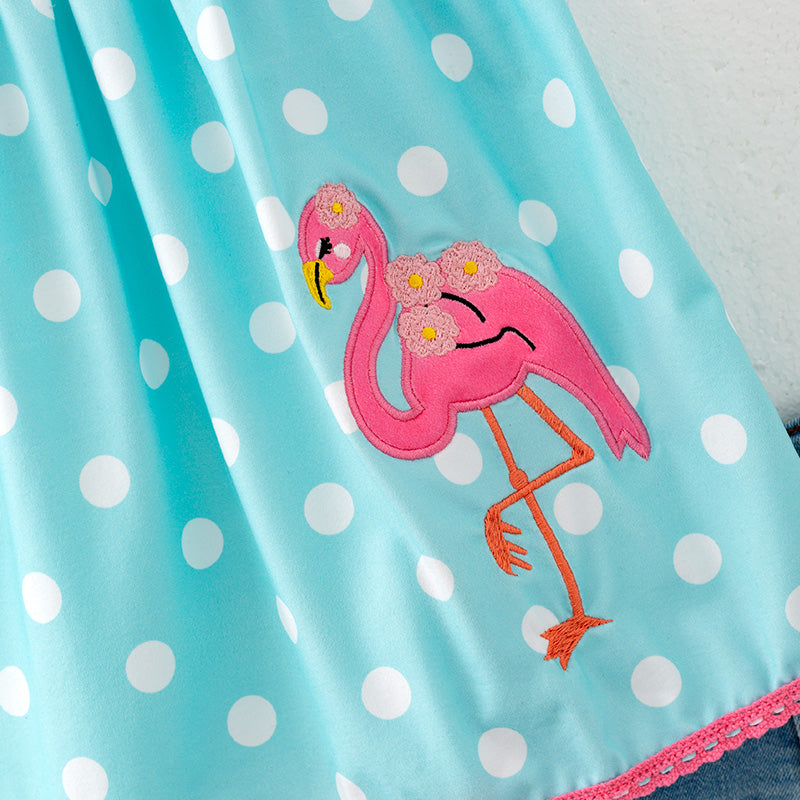 (In Stock)Girls Spring and Summer Flamingo Applique Denim Set