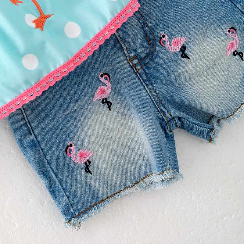 (In Stock)Girls Spring and Summer Flamingo Applique Denim Set