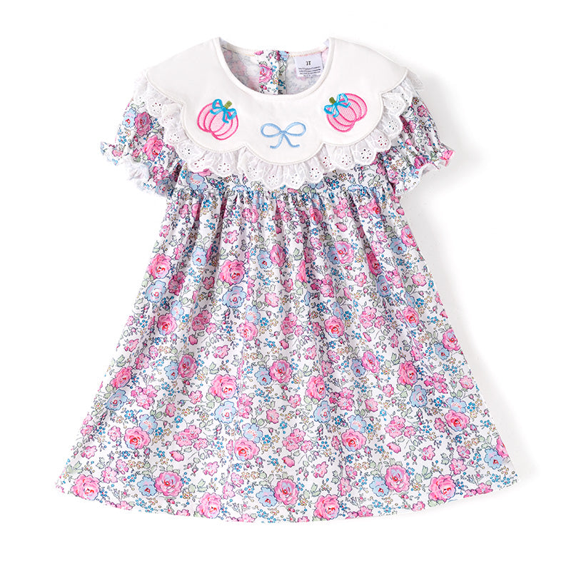 (In Stock)Girls Halloween&Thanksgiving Pumpkin Embroidery Dress