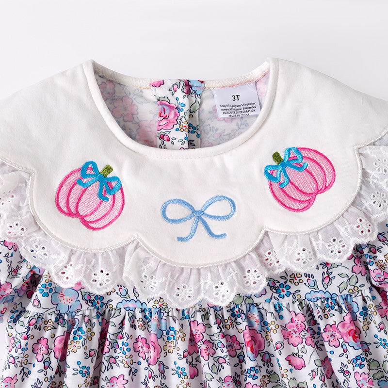 (In Stock)Girls Halloween&Thanksgiving Pumpkin Embroidery Dress