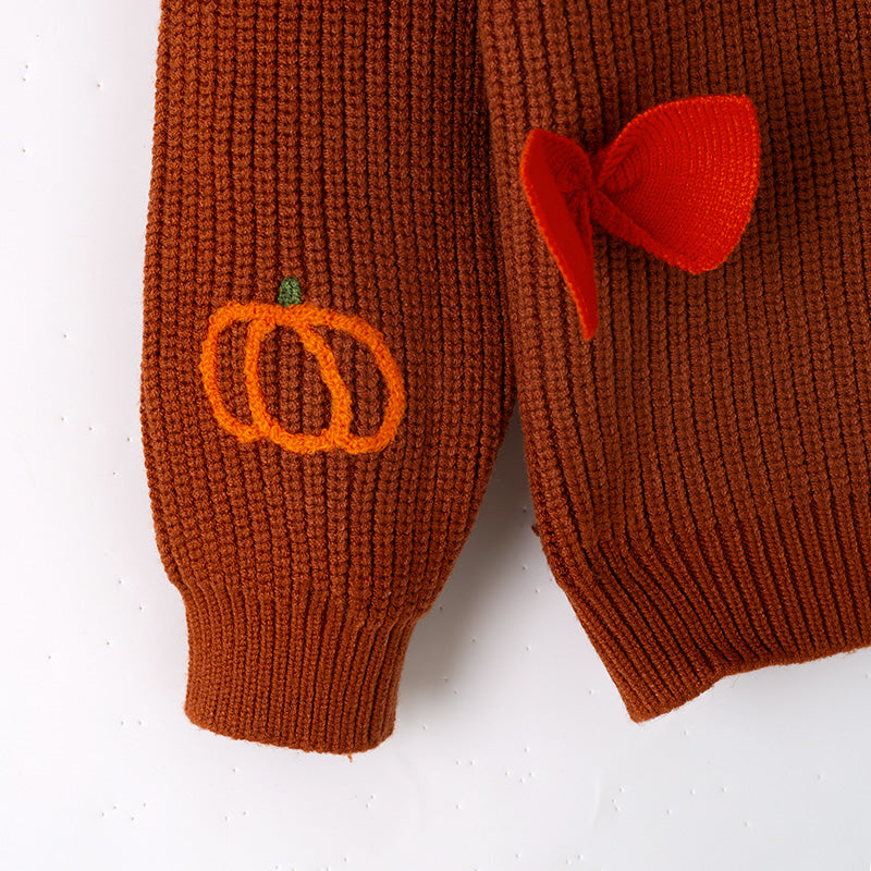 (In Stock)Girls Halloween&Thanksgiving Pumpkin Embroidery Bow Sweater