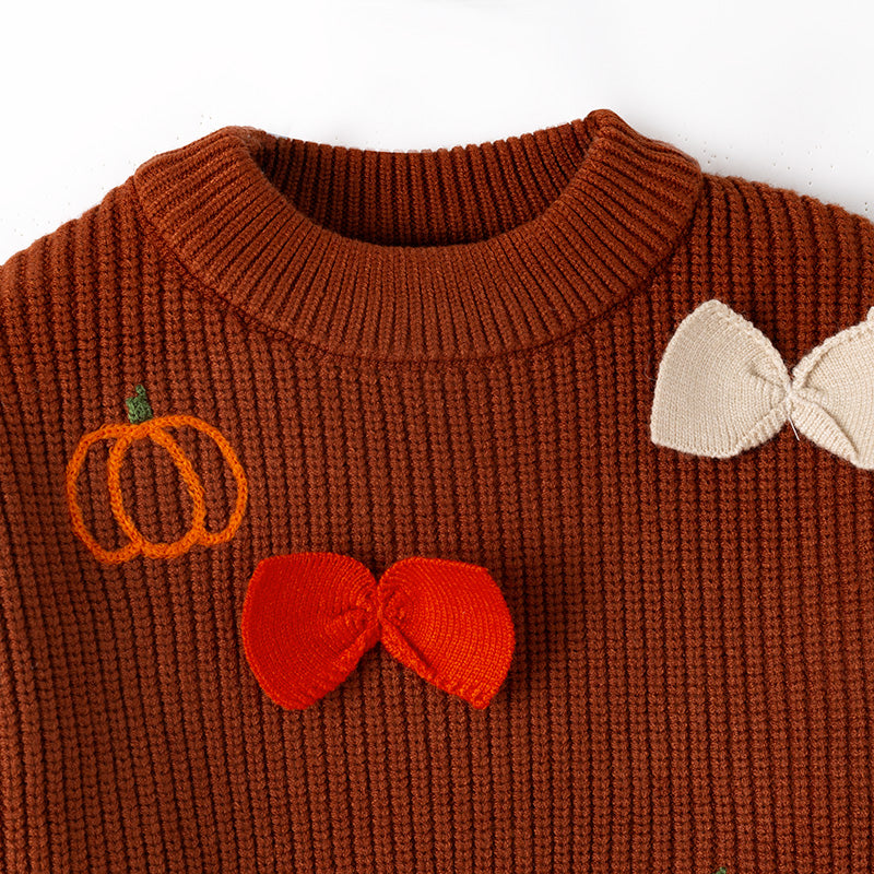 (In Stock)Girls Halloween&Thanksgiving Pumpkin Embroidery Bow Sweater