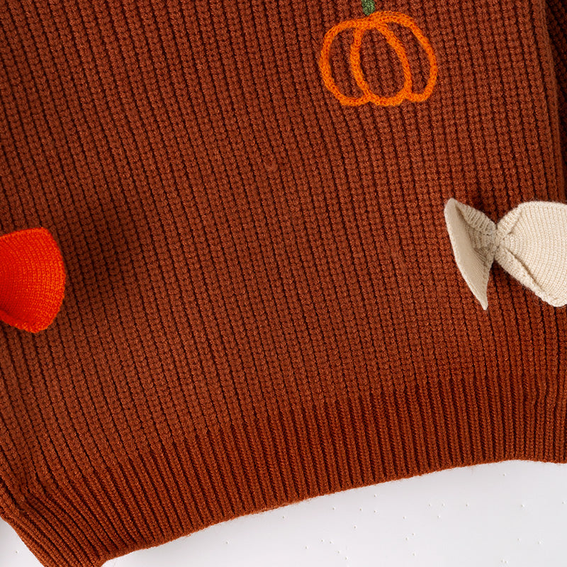 (In Stock)Girls Halloween&Thanksgiving Pumpkin Embroidery Bow Sweater