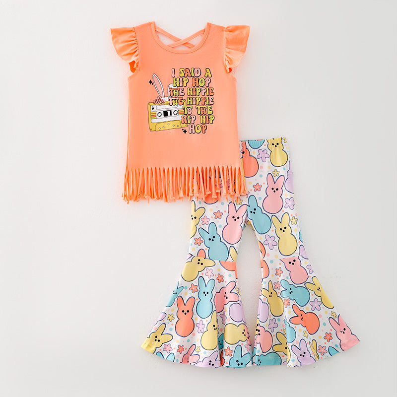 (In Stock)One Pack(4 Pieces total) Sale Girls Easter Bunny Print Outfit Set