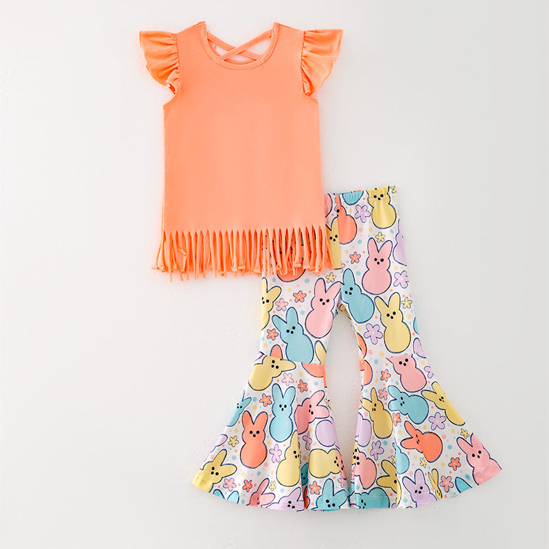 (In Stock)One Pack(4 Pieces total) Sale Girls Easter Bunny Print Outfit Set