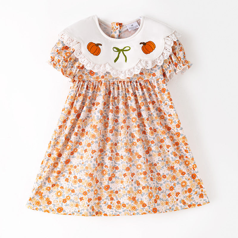 (In Stock)Girls Halloween&Thanksgiving Pumpkin Embroidery Dress