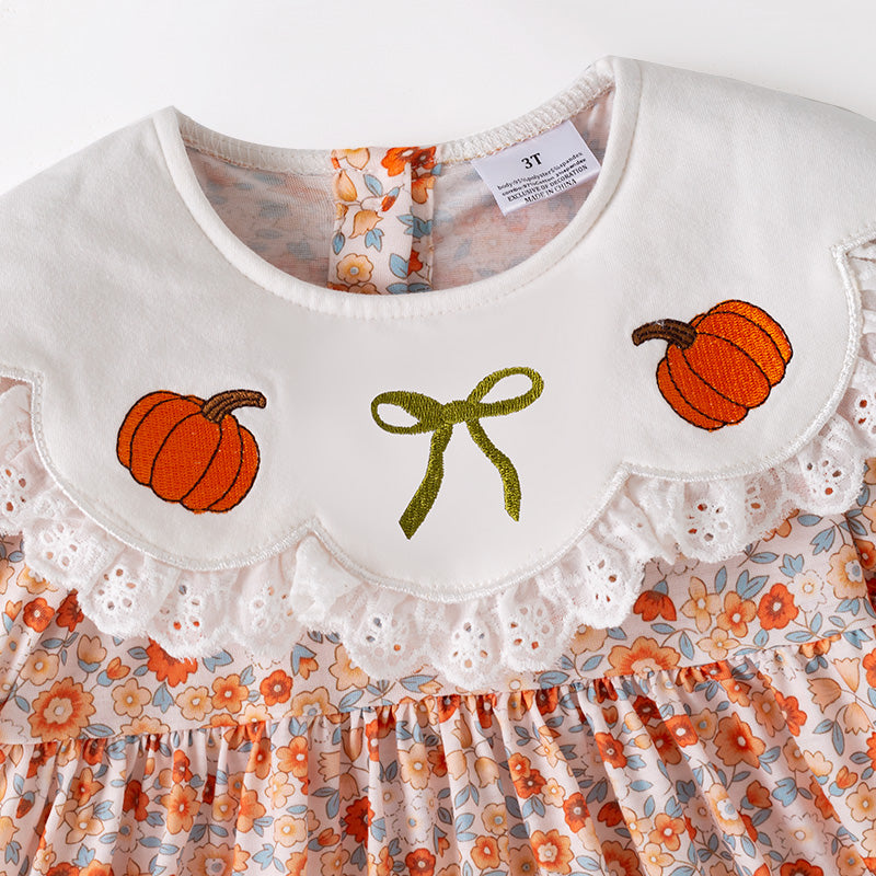 (In Stock)Girls Halloween&Thanksgiving Pumpkin Embroidery Dress