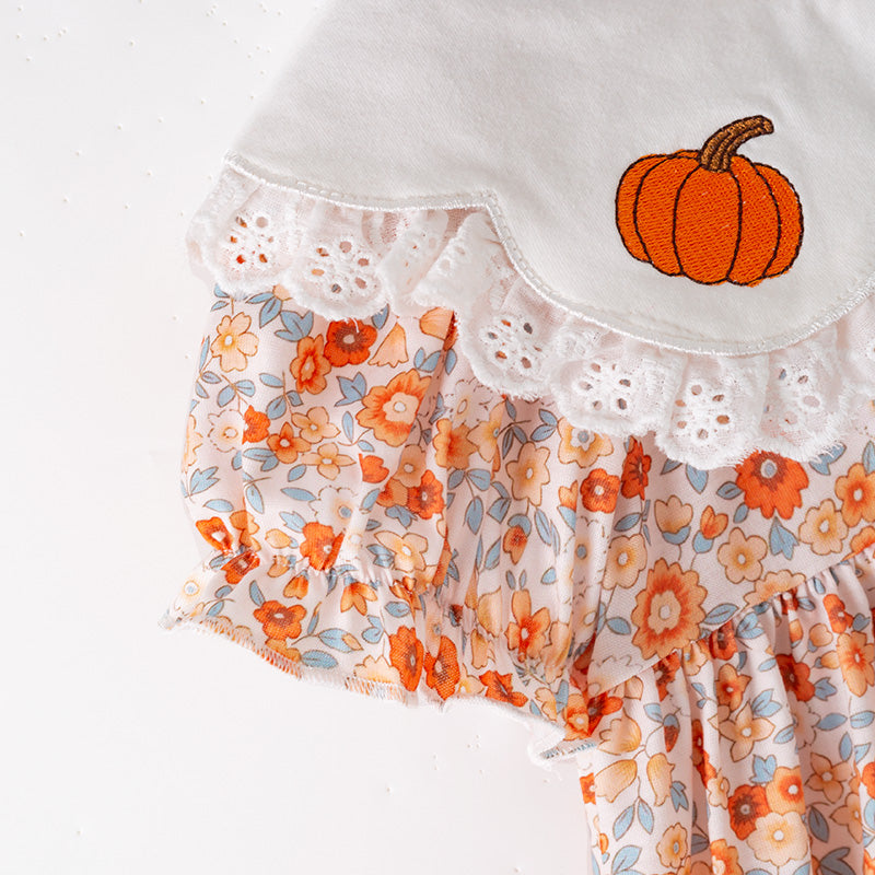 (In Stock)Girls Halloween&Thanksgiving Pumpkin Embroidery Dress