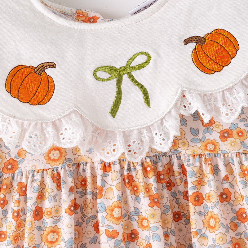 (In Stock)Girls Halloween&Thanksgiving Pumpkin Embroidery Ruffle Outfit Set