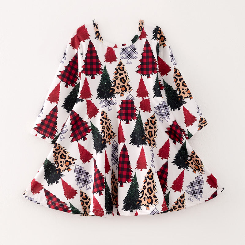 (In Stock G22-2-2)Girls Christmas Tree Print Dress