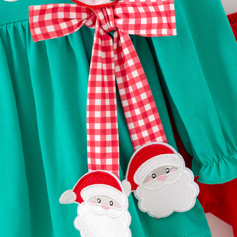 (In Stock)Girls Christmas Santa Claus Applique Cotton Ruffle Outfit Set