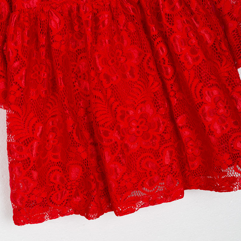 (In Stock G9-4-3)Girls Christmas Red Lace Dress