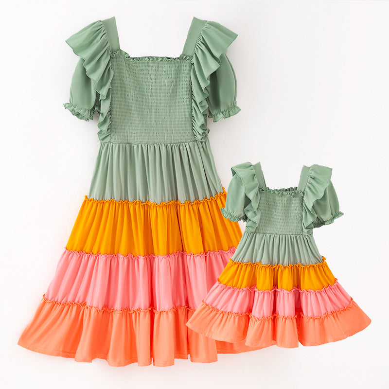 (In Stock)Mommy and Me Fall&Winter Color Matching Smocked Dress