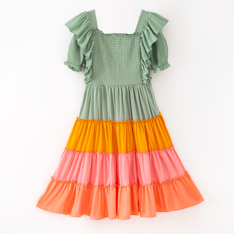 (In Stock)Mommy and Me Fall&Winter Color Matching Smocked Dress