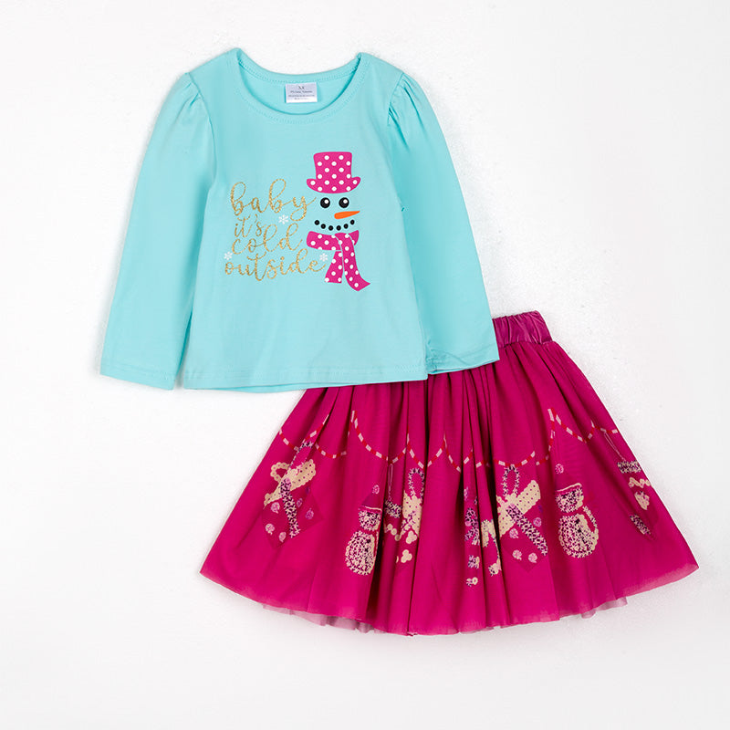 (In Stock)Girls Christmas Print Skirt Set