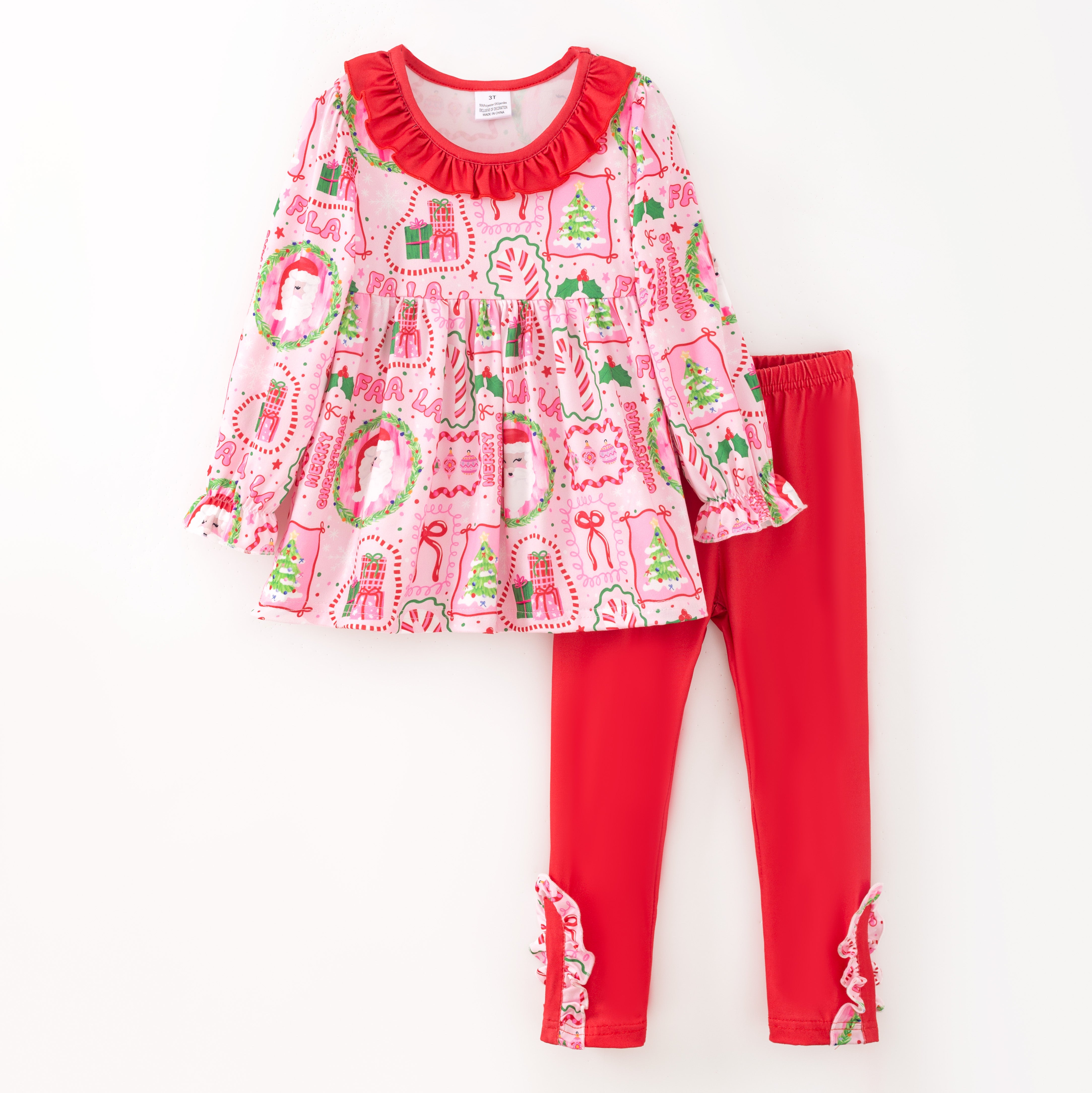 (Pre Order)Girls Christmas Santa Claus Print Dress&Outfit Set