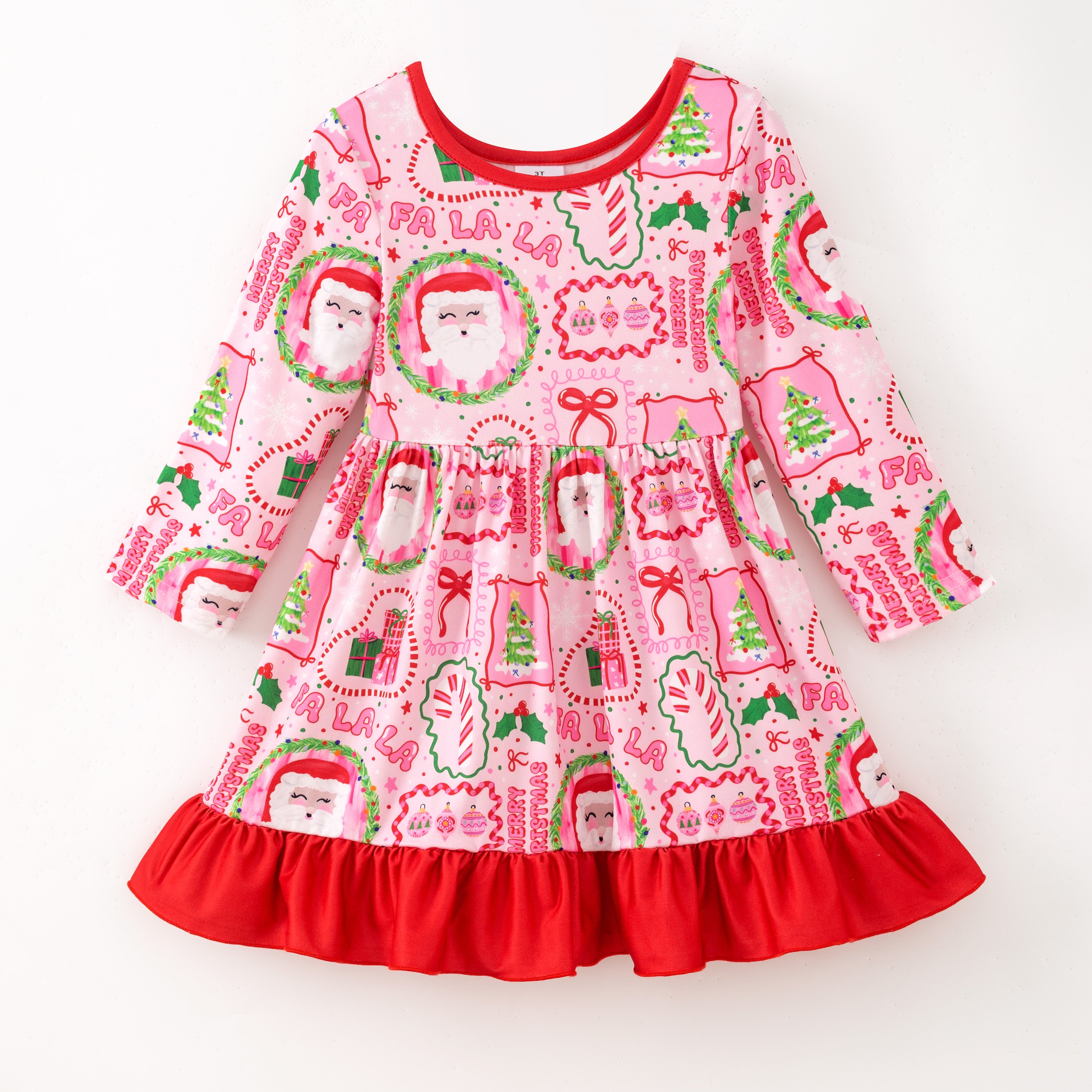 (Pre Order)Girls Christmas Santa Claus Print Dress&Outfit Set