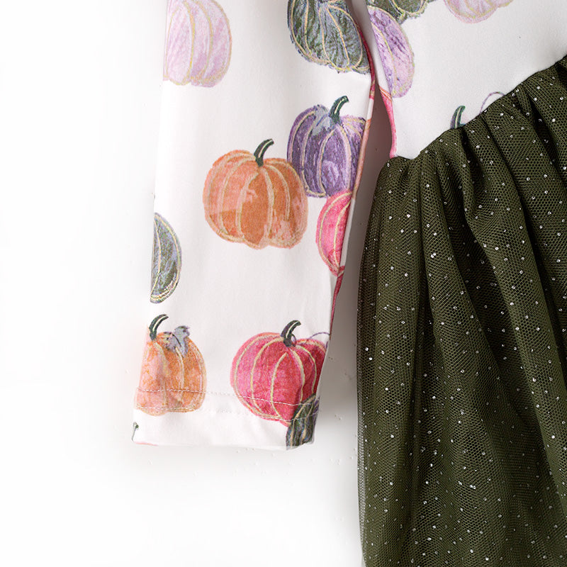 (In Stock)Girls Fall&Winter Pumpkin Print Tulle Dress