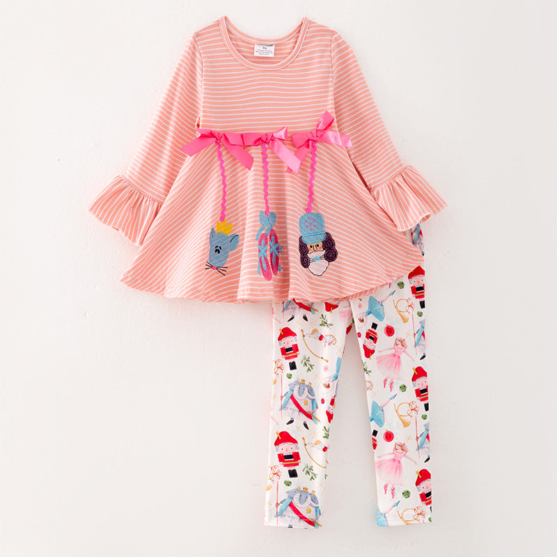 (In Stock L33-3-3)Girls Christmas Stripe Top Print Outfit Set