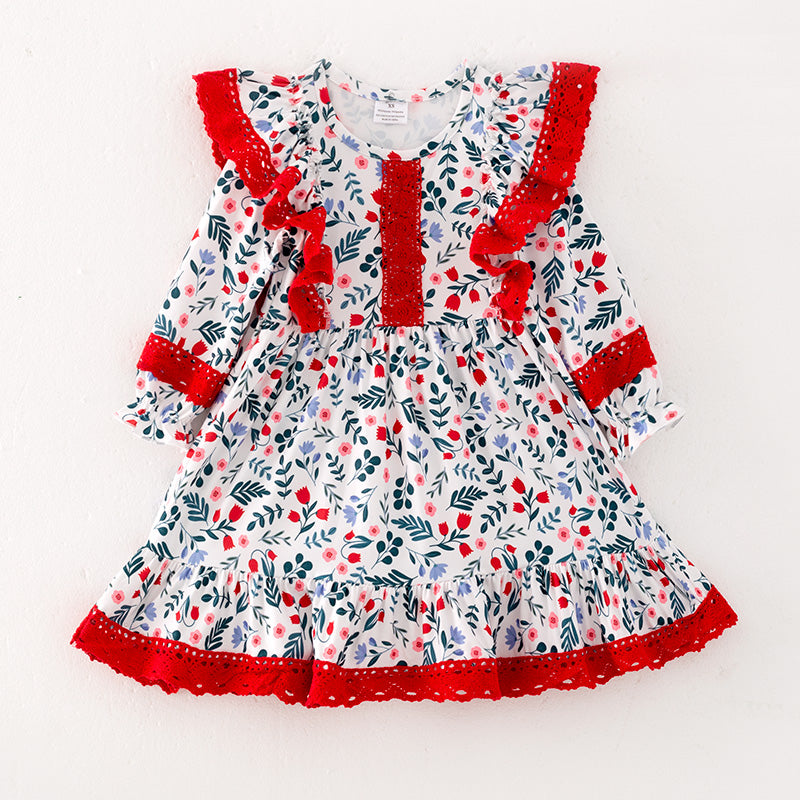 (In Stock L34-2-2)Girls Christmas Floral Print Dress