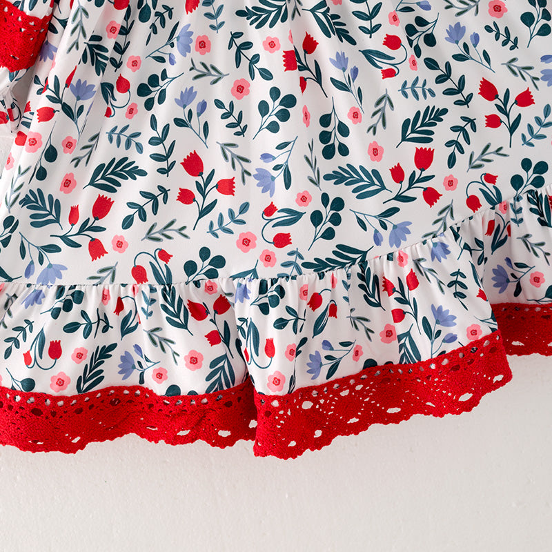 (In Stock L34-2-2)Girls Christmas Floral Print Dress