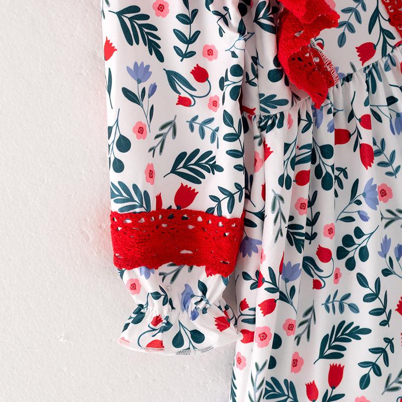 (In Stock L34-2-2)Girls Christmas Floral Print Dress