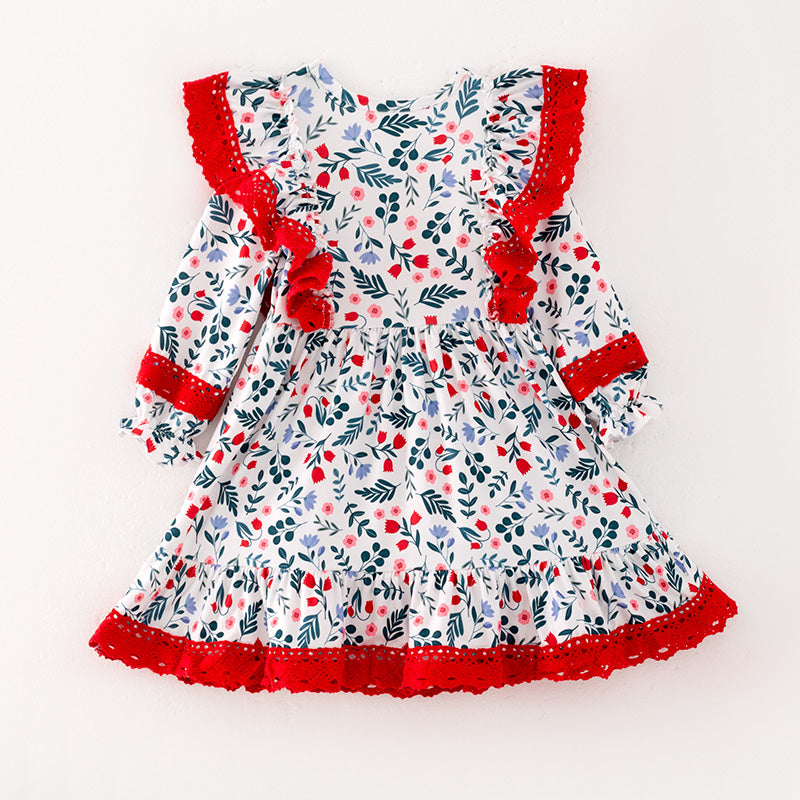 (In Stock L34-2-2)Girls Christmas Floral Print Dress
