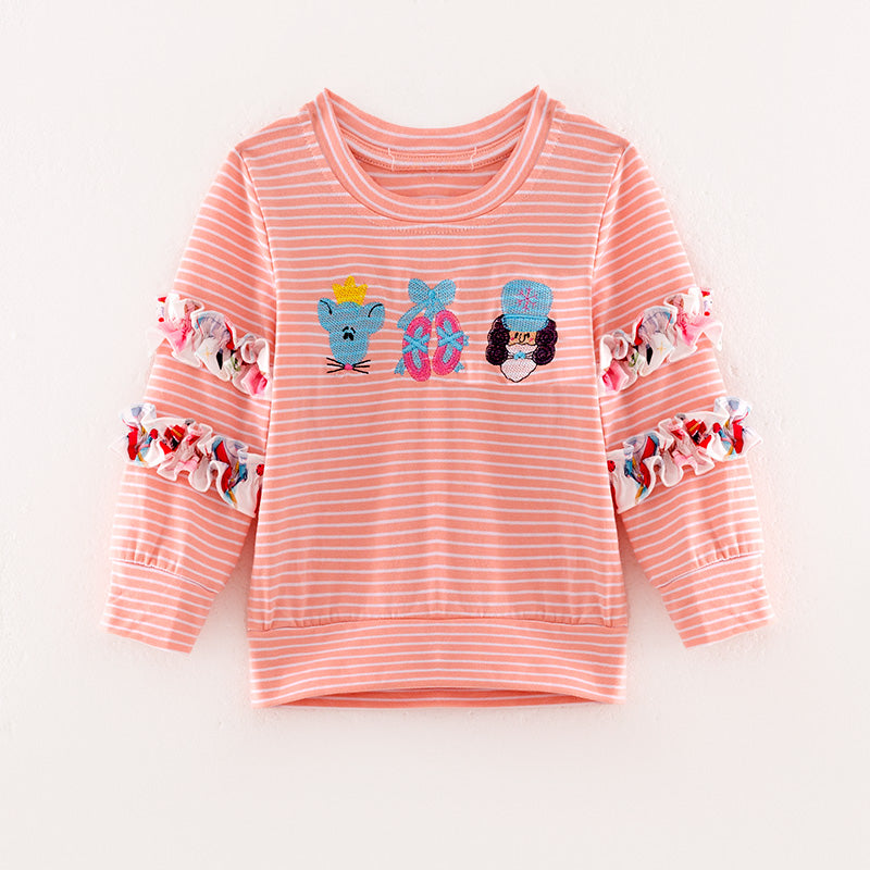 (In Stock L33-2-1)Girls Christmas Embroidery Stripe Top