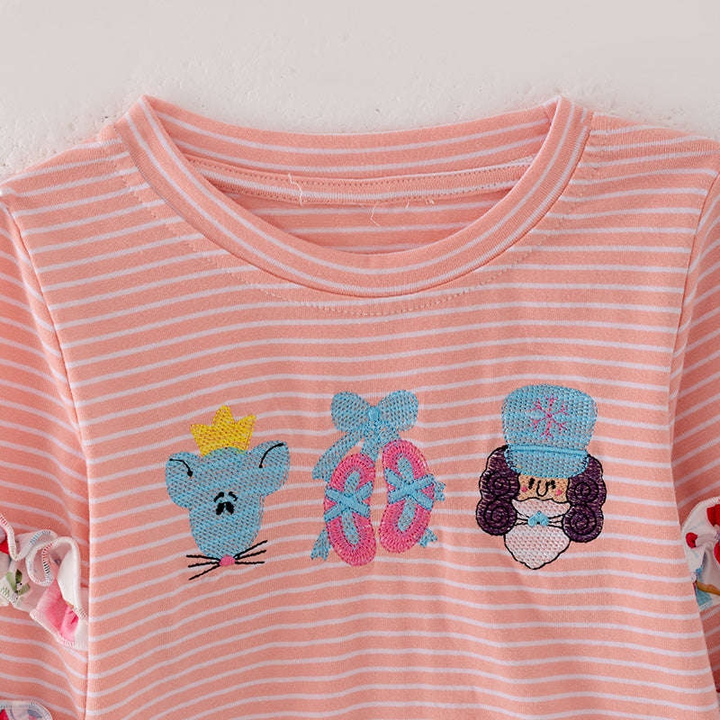 (In Stock L33-2-1)Girls Christmas Embroidery Stripe Top