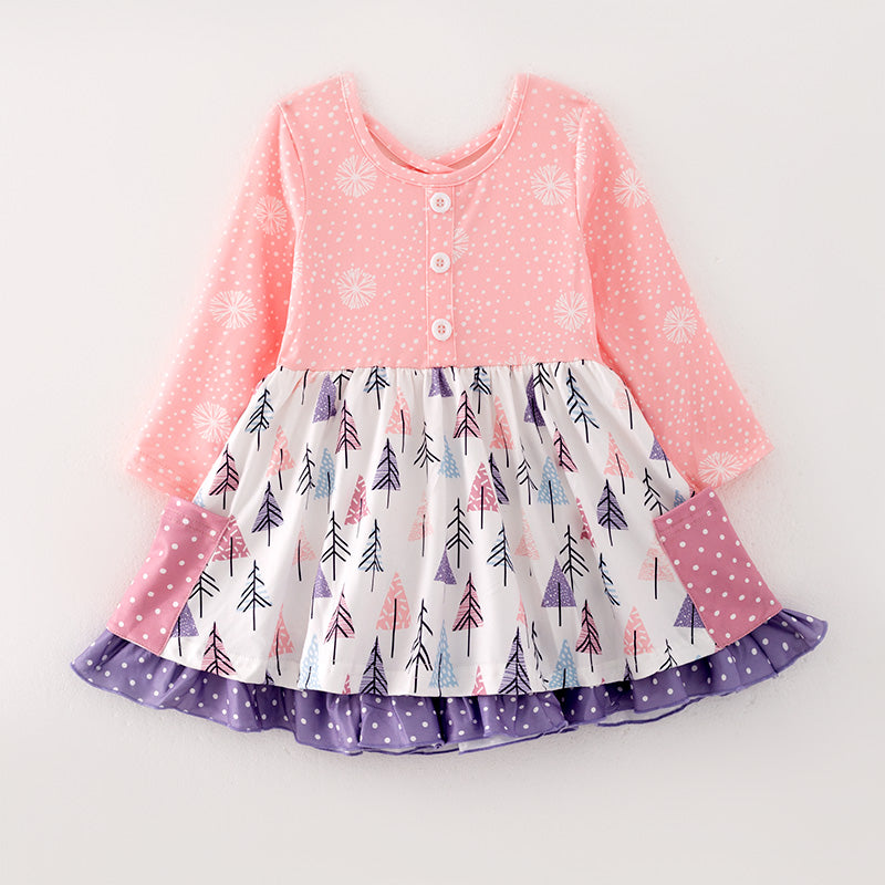 (In Stock L33-3-1)Girls Pink Christmas Print Dress